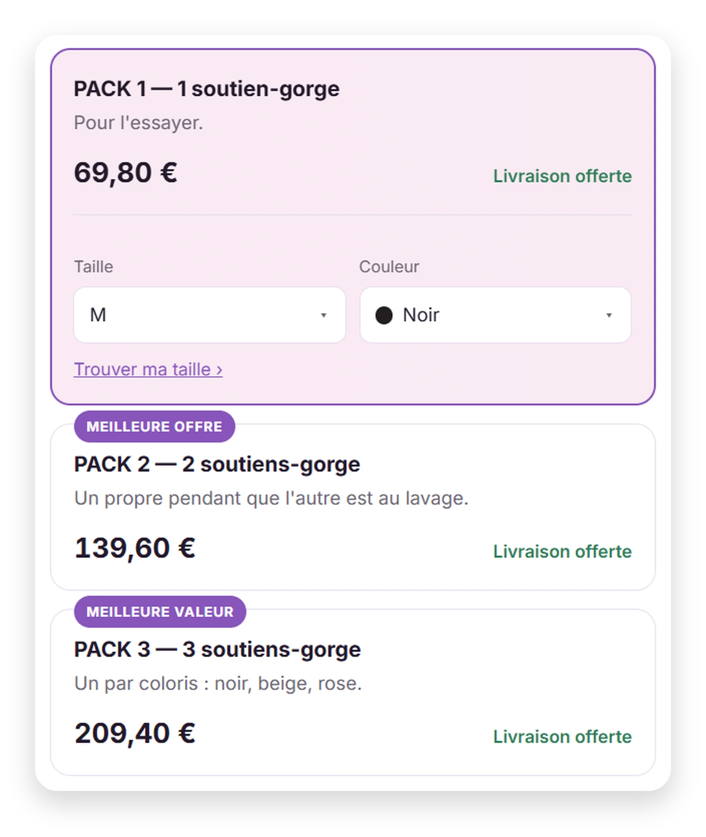 Capture de la boutique : les trois packs au prix plein, 69,80 € le soutien-gorge