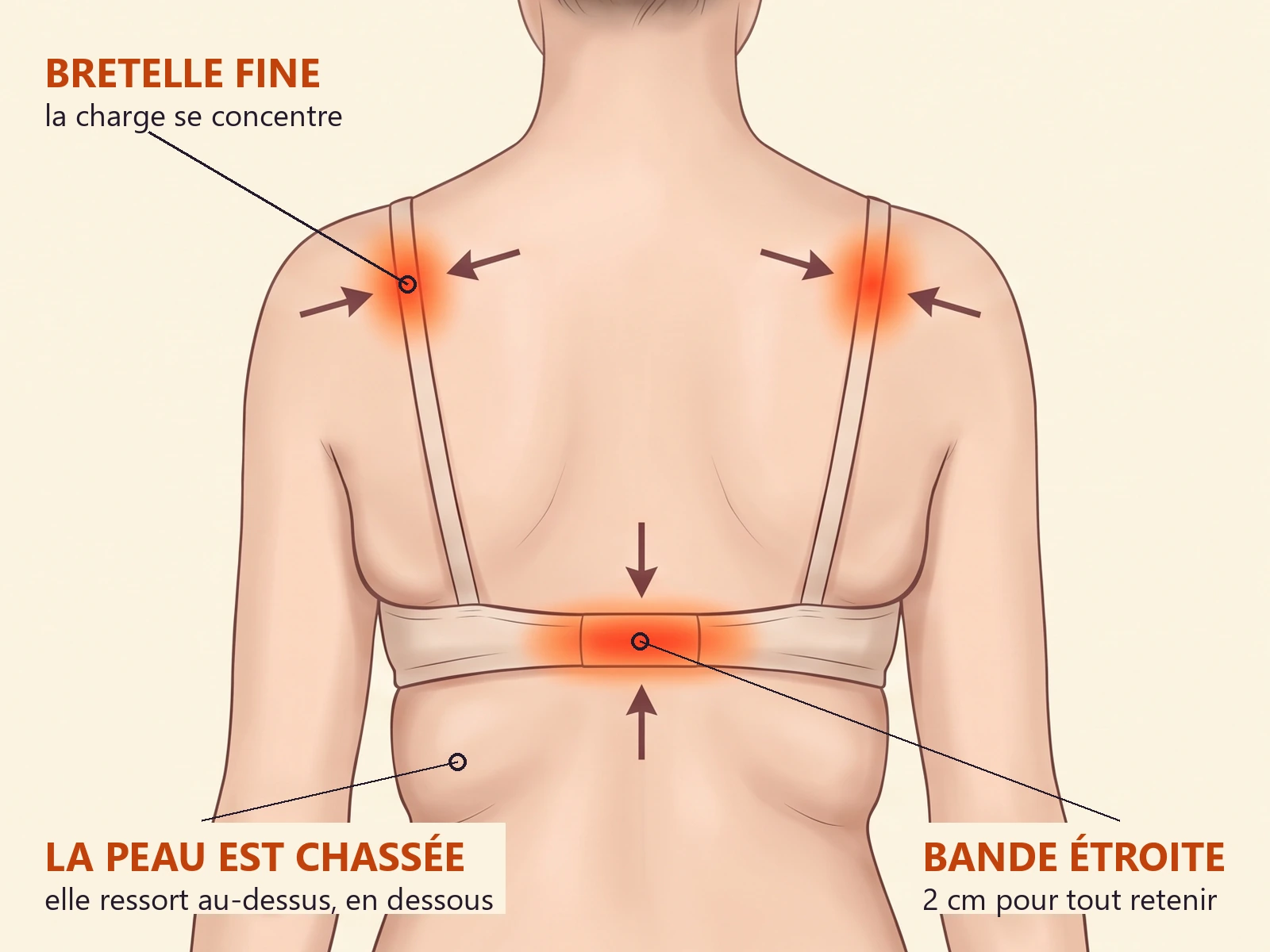 Schéma annoté, vue de dos : bretelle fine, bande étroite de 2 cm, peau chassée au-dessus et en dessous